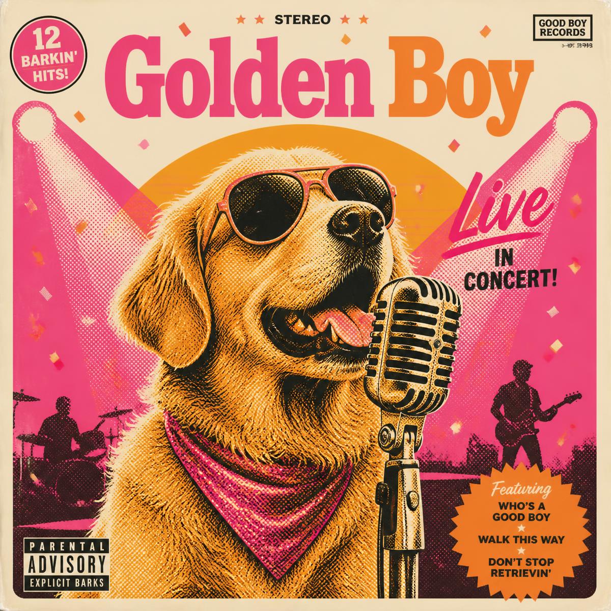 Illustrated album cover of a golden retriever posed like a music star
