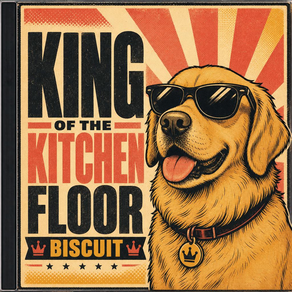 Sample printable CD cover featuring a golden retriever named Biscuit with the album title King of the Kitchen Floor